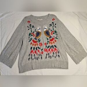 LOFT Wool Blend  Embroidered Peacock Crewneck Bell Sleeve Pullover Sz XXL Gray